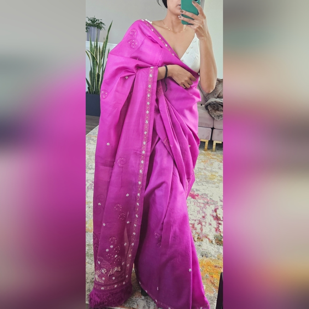 Pink & White beaded embroidered silk saree